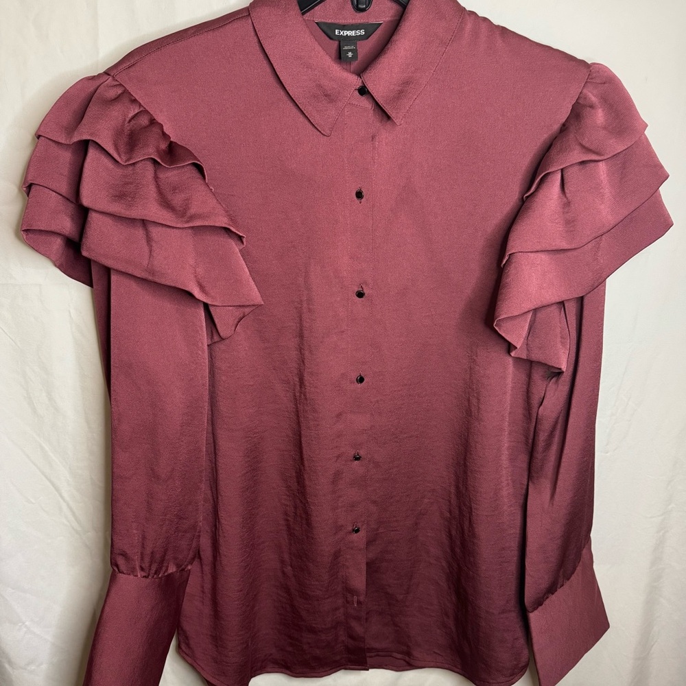 Express Ruffle Shoulder Button-Up Shirt - Picture 3 of 8